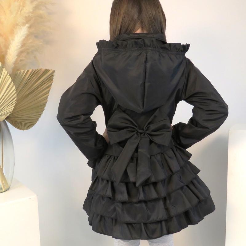 Girls Nova Black Ruffle Fleece Lined Bow Mac Jacket 0
