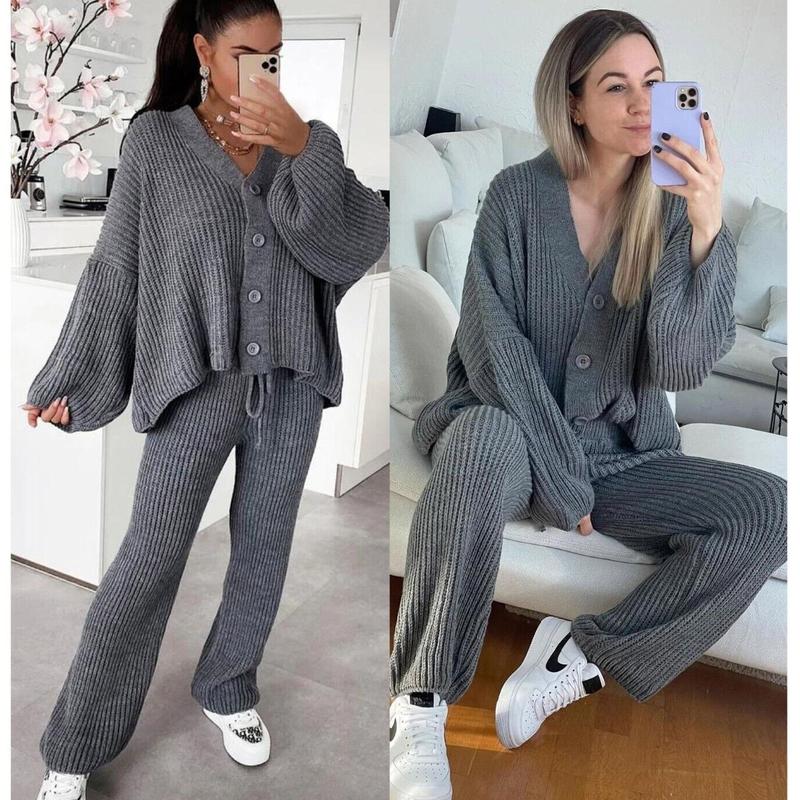 Two Pcs Cardigan & Trouser Set Plain Casual Warm V-Neck Button Winter Cardi Bottom Knitwear Co-Ord Sets Casual Lounge Wear Black 2