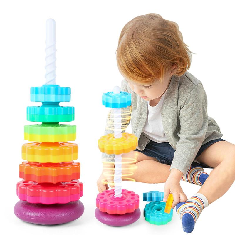 deAO Rainbow Stacking Tower Toy – Colorful Spiral Gear Stacking Game for Toddlers – Interactive Rotating Tower for Early Learning, Hand-Eye Coordination & Motor Skills Development – Safe & Durable Baby Toy 0