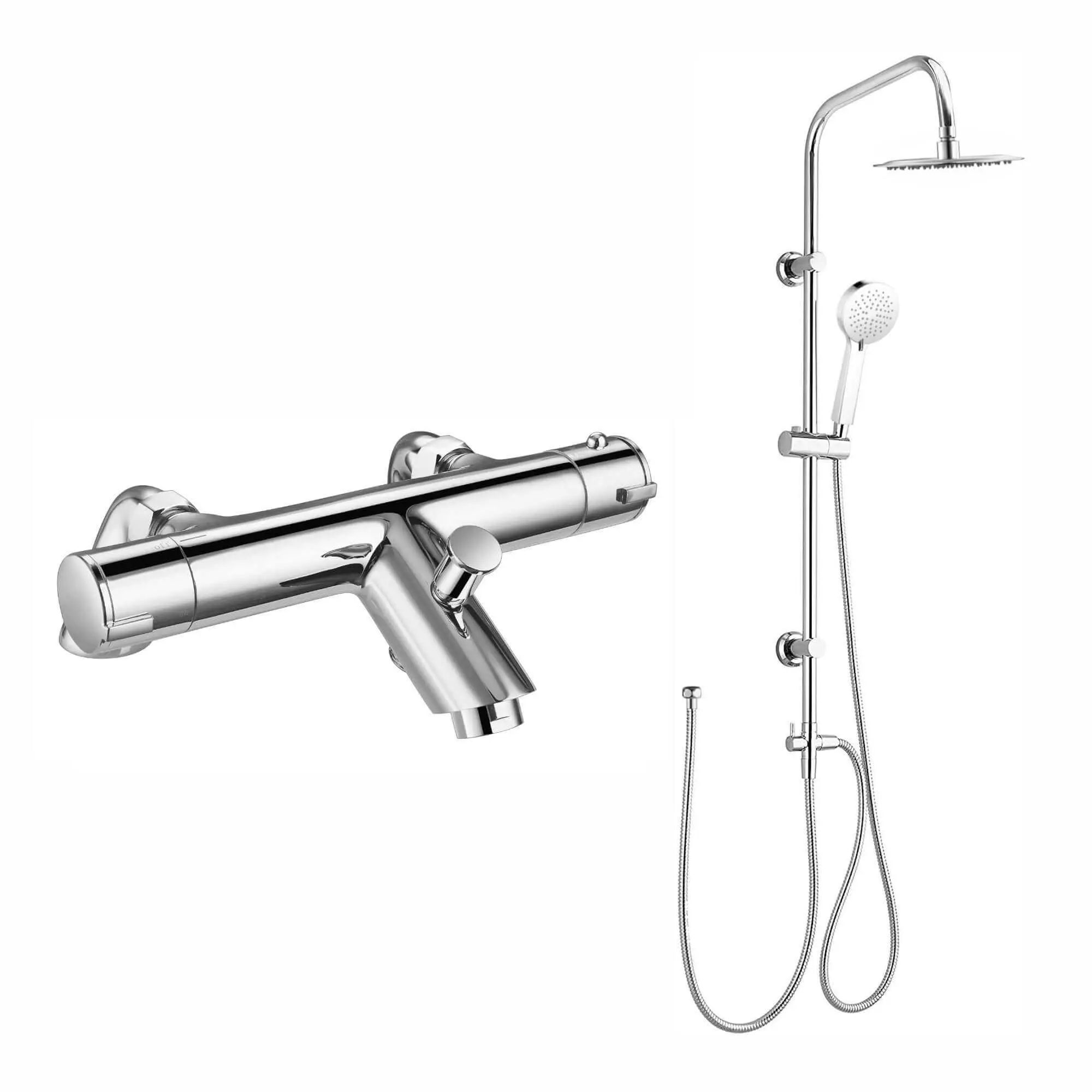Dune thermostatic bar bath shower mixer valve with dual rigid riser kit, overhead rain shower and handheld - chrome