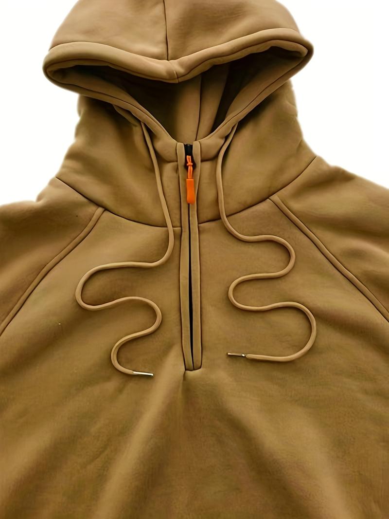 Product Introduction of 1pc Polyester Knit Men's Long Sleeve Hooded Henley Shirt, Casual Sports Pullover with Multiple Pockets for Autumn/Winter Menswear Sweatshirts Tops Wetsuit Beige Black Plain 7