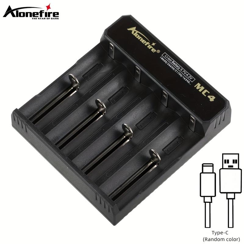 Alonefire MC4 Compact 4-Channel USB Quick Charger, 5V 2A - Matte Black, Automatic Stop for Li-ion Batteries (26650/16340/14500/21700/18650/10440) - Perfect for Flashlights, Headlamps, E-cigs with Type-C & Micro-USB Compatibility 0