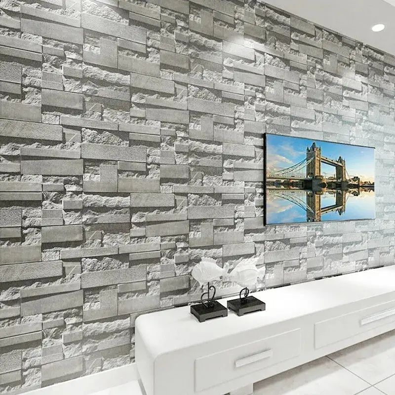 3D Slate Grey Realistic Stone Brick Wallpaper Effect Faux Textured WallPaper