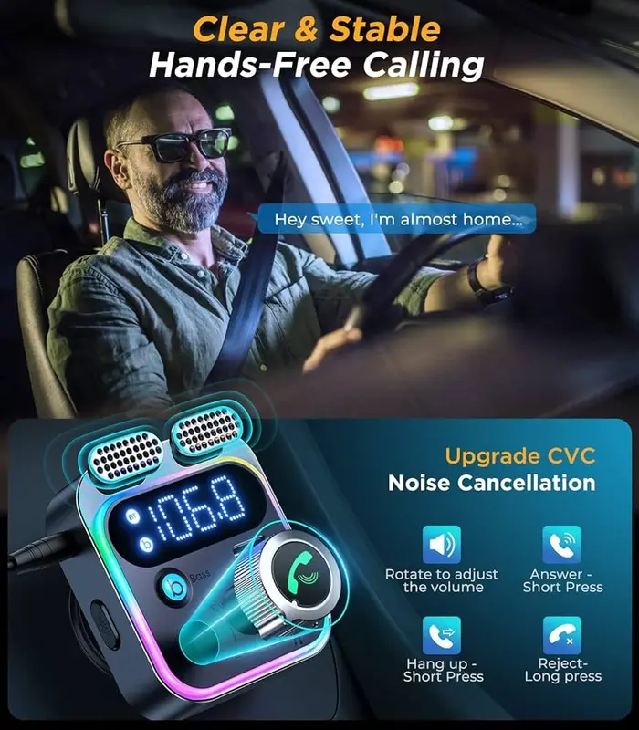 Wireless In-Car Bluetooth FM AUX Adapter [Noise Canceling] [Stronger Microphone LED Digital Display] 5.3 Bluetooth Car Adapter AUX  Transmitter Radio Adapter with PD USB Charger & MP3 Player Hands-Free Calling & Music Streaming 48W Fast Charge 6