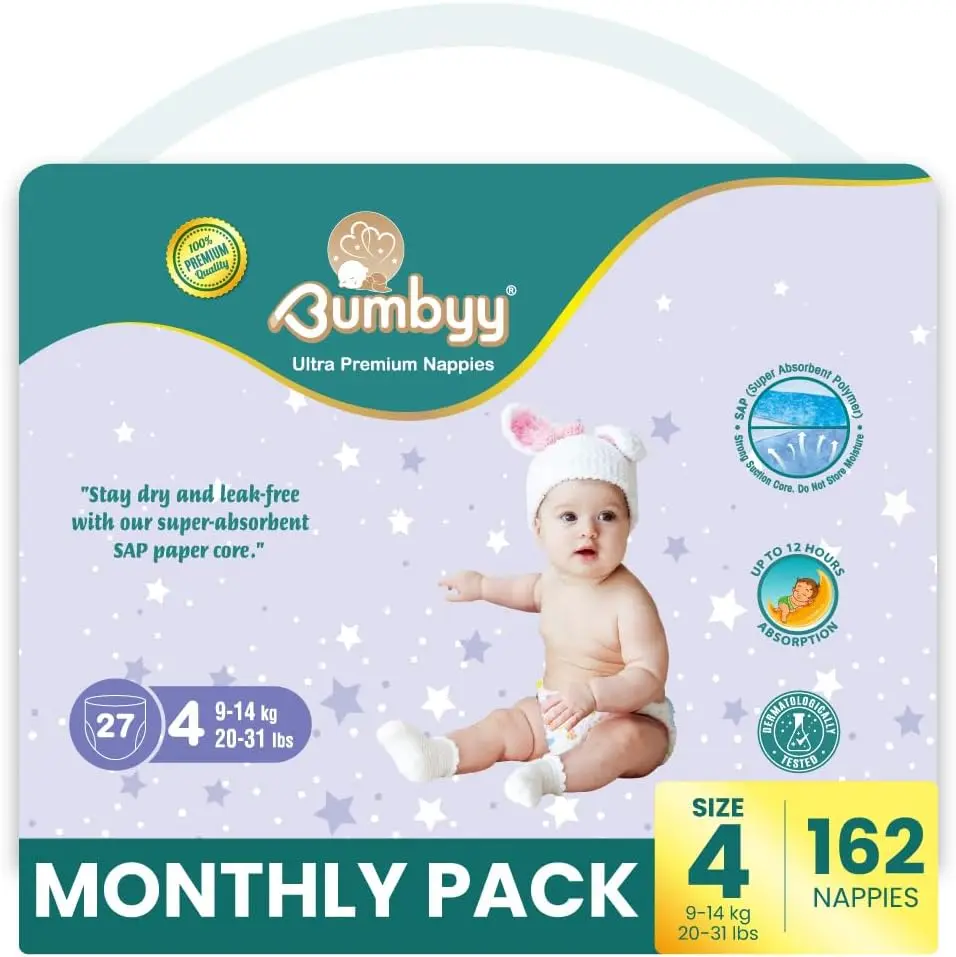 Bumbyy Premium Baby Nappies Size 4 (9-14kg/20-31lbs)- 162 Count Savings Pack- Chemicals Free and Dermatologically Tested 12 hr Dry Nappies - Hypoallergenic Soft & Thin Diapers for Most Sensitive Skin