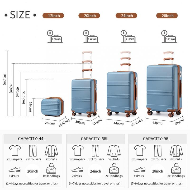 [MissLulu Bags] Sculpted Horizontal Design ABS  20''/24''/28'' Suitcase  with TSA Lock and 12'' Vanity Case - Denim Blue and Brown 1
