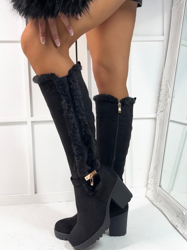 Maeve Heeled Knee High Zipped Boots with Faux Fur Trimming 5