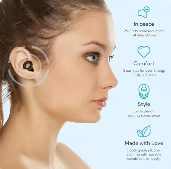 LOOP STYLE Black Comfortable Light Soft Reusable Silicon Earplugs Set with Travel Case for Sleep, Work, and Conversation Silicone Teens 4