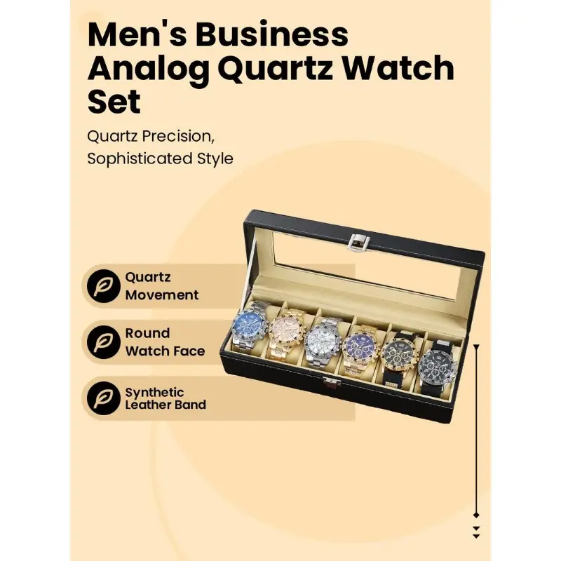 Luxury 6-Slot Watch Box Organizer with Glass Top, Premium Black PU Leather Exterior, Soft Velvet Interior, Square Watch Display Case with Flip-Top Lid for Storage and Showcase Multicolor 7
