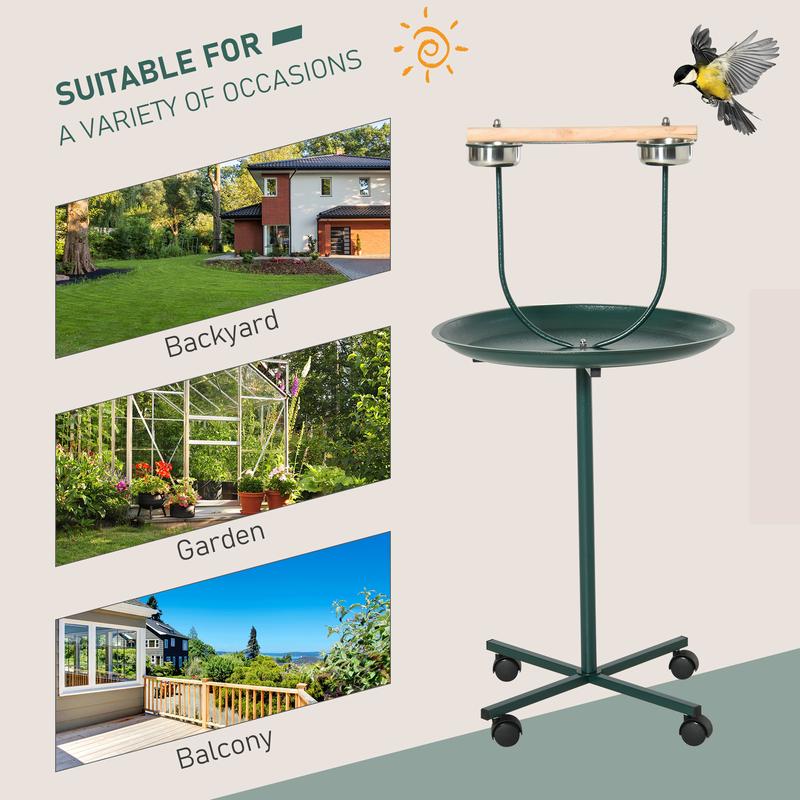 PawHut Bird Perch Stand, T-Stand Bird Training with Perch, Four Wheels, Feeding Bowls, Parrot Stand for Small & Medium Birds, Green 1