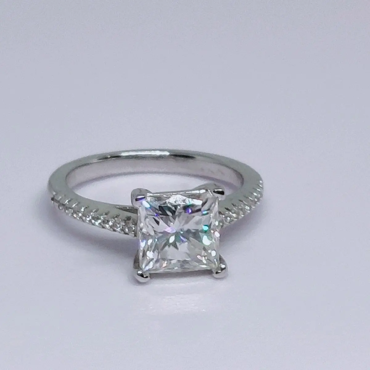 2ct D VVS1 Princess Cut Moissanite Ring with GRA Certificates, in 18k White Gold Vermeil Plate over 925 Silver.