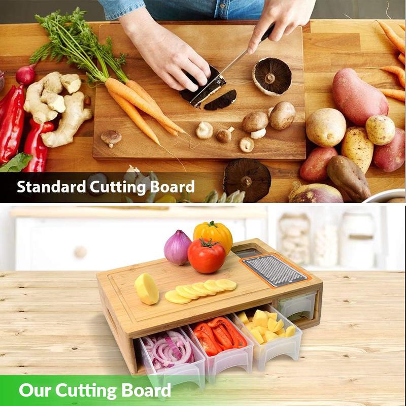 Bamboo Cutting Board with 4 Containers, Large Chopping Board with Juice Grooves, Easy-Grip Handles & Food Sliding Opening, Carving Board with Trays for Food Storage, Transport, and Clean-Up Kitchen 4
