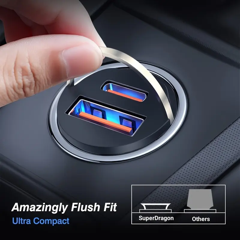 USB A + C dual port fast charging mini pull ring car charger, pd30w + qc3.0 type C car charger adapter, supports 5V 2.4A charging wide compatibility 2