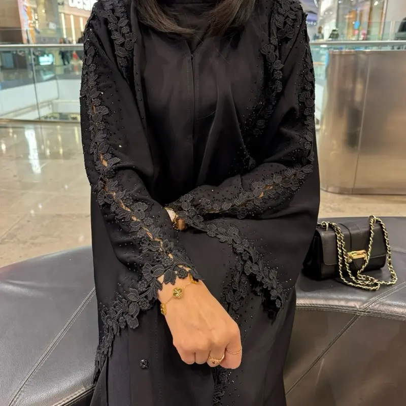 Amaal Elegant Black Lace Abaya with Matching Scarf, Size 50-62 1