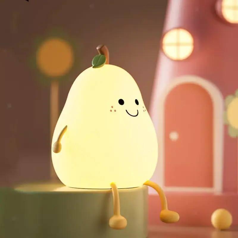 LED Pear Night Light Table Lamp Color Change USB Rechargeable for Bedroom UK - Cute Silicone Design Cable Charging 6
