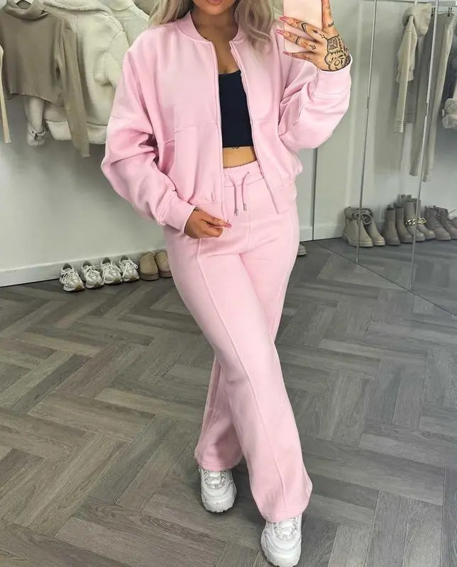 H.O.A Premium Rising Label Womens Bomber SweatShirt With Zip And Joggers Loungewear Set-Pink Casual