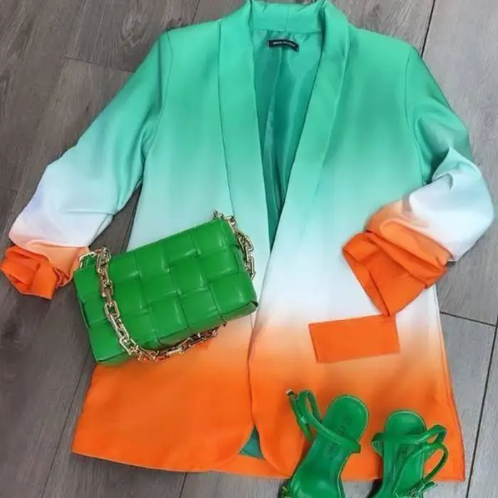 Pretty Dollz ~ Green & Orange Ombre Ruched Sleeve Open Blazer ~ St. Paddy's Day Inspo