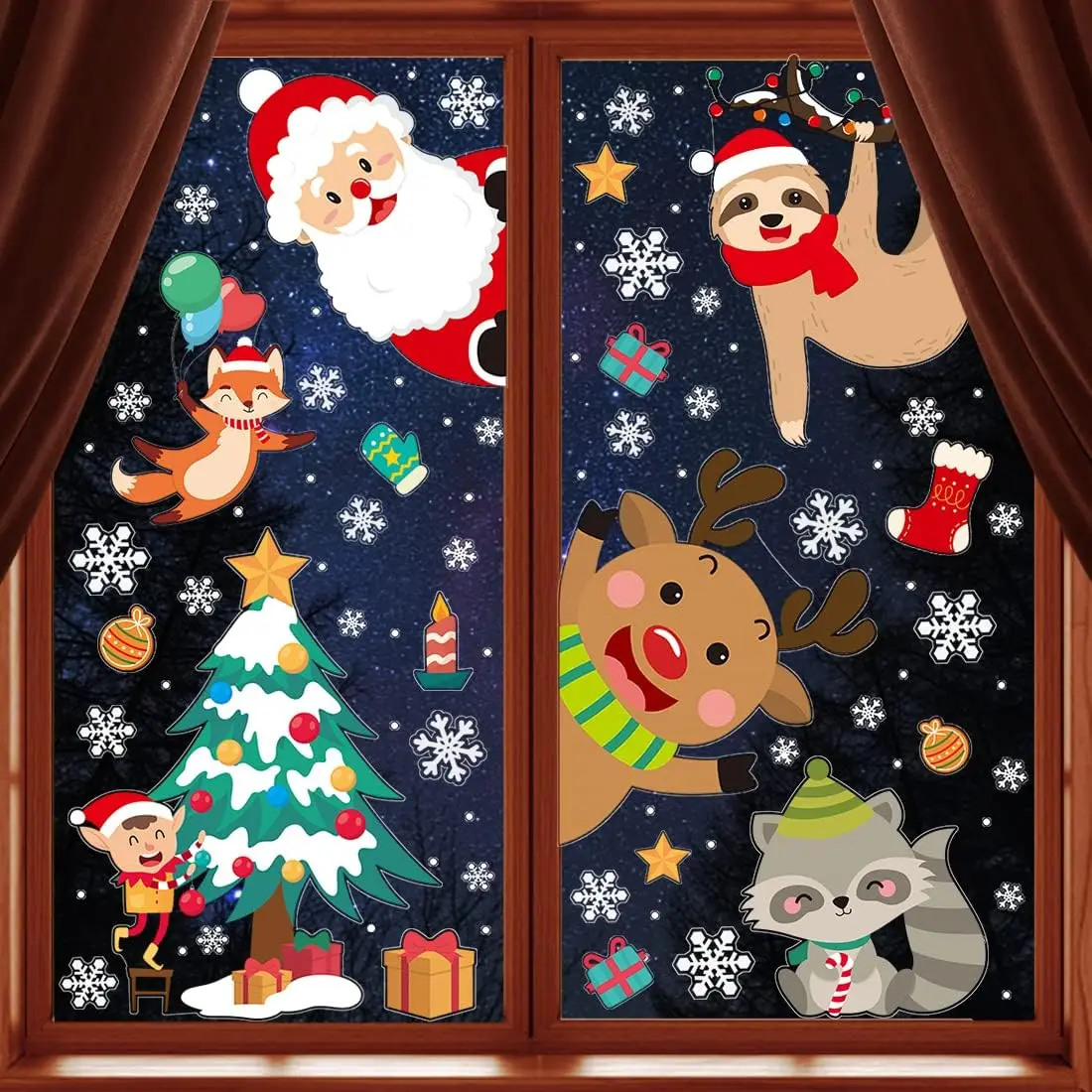 VEYLIN Christmas Window Decoration, 8 Sheet Xmas Window Clings Santa Claus Reindeer Snowflakes Decal Stickers Double Sided for Holiday Party Supplies