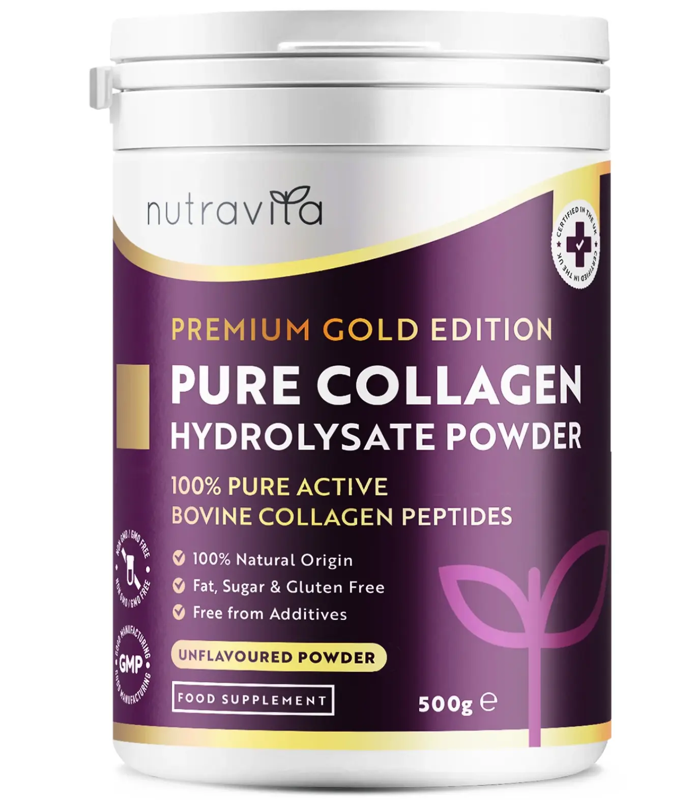 Nutravita Pure Bovine Collagen Hydrolysate Powder 500g - 100% Active Bovine Collagen Peptides - Premium Gold Standard - Beauty Supplement - Optimum Dietary Supplement - Unflavoured - GMO Free - Healthcare