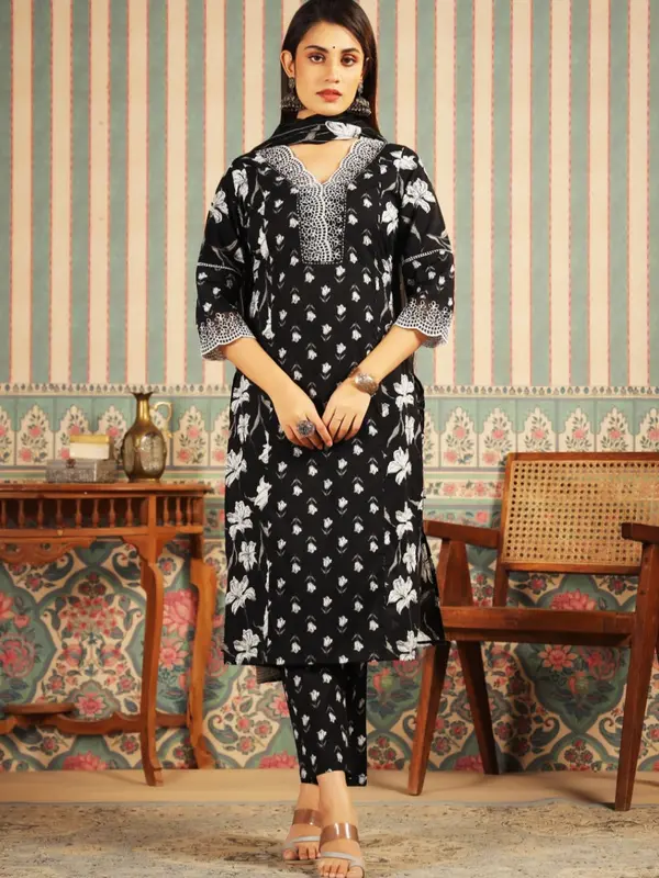Pure Cotton Black 3 pieces suit Indian Ladies Dress 0