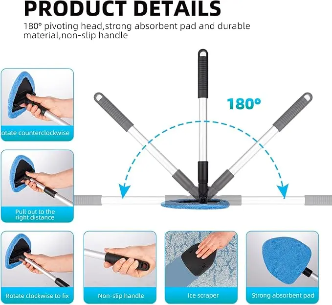 deuvuo Upgraded Car Windscreen Cleaner, 9 Pcs Expandable Car Window Cleaner with 6 Reusable Microfiber Pads, 2 Spray Bottles, Multifunctional Car Window Cleaner Tool Set 3