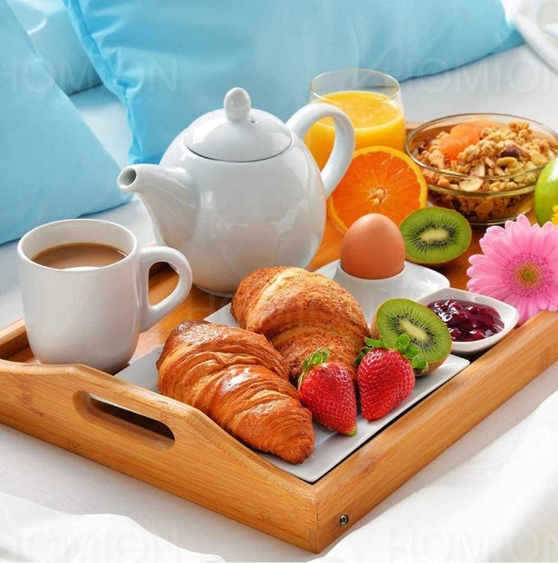 Wooden Breakfast in Bed Tray, 50 x 30 x 23 cm Serving Lap Tray With Folding Legs And Handles Bamboo Plates 3
