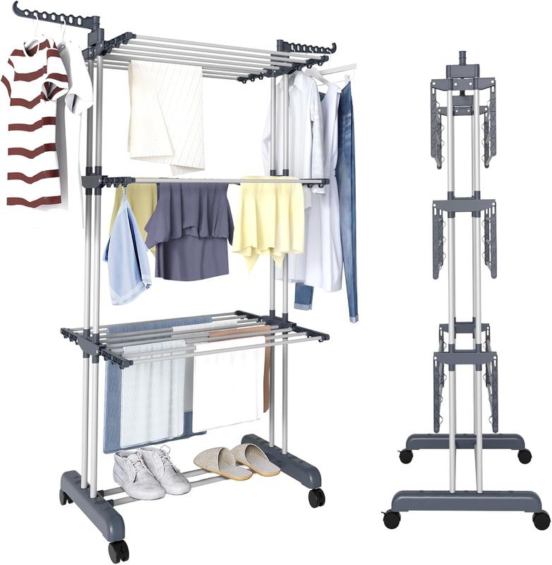 Trintion Clothes Drying Rack 3 Tier Adjustable Rolling Laundry Hanger with Foldable Wings Large Stainless Steel Garment Dryer with Casters for Outdoor Indoor 0