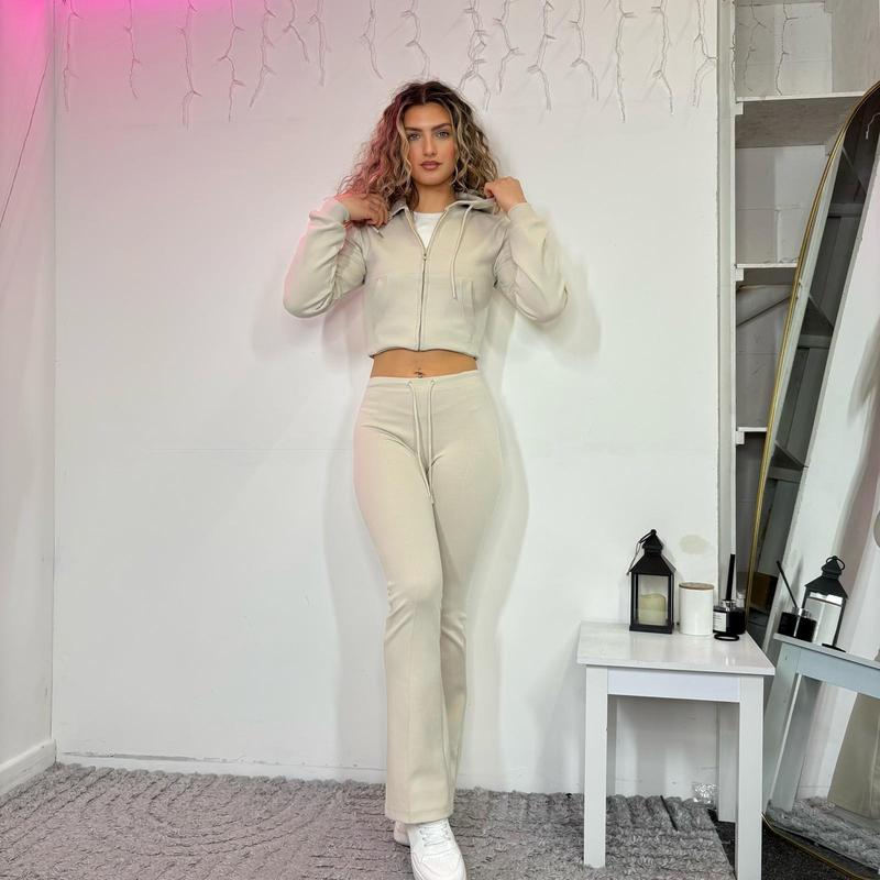 [HouseofTrendz] BRITNEY Cropped Hoodie & Flares Tracksuit 90% Cotton Co-Ord - Y2K Womens Zip Up Scuba Drawstring  Flared Leggings Two Piece Set Thick Soft Casual Comfy Street Loungewear 6
