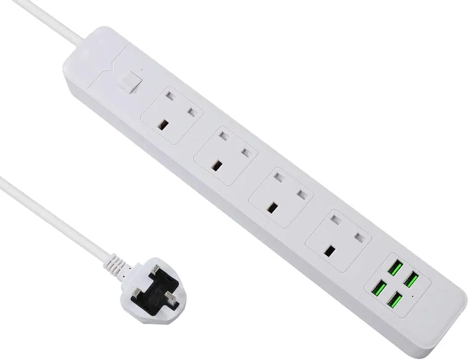 Extension Lead with USB Slots, 4 Way Sockets Outlets 4 USB Ports, 3.7A/5V 3M Extentsion Cable with Switch Surge Protected Power Strips, UK Multi Plug Adapter Electrical Cords, Wall Mountable Extender for Travel, Home, Office & Dorm Room