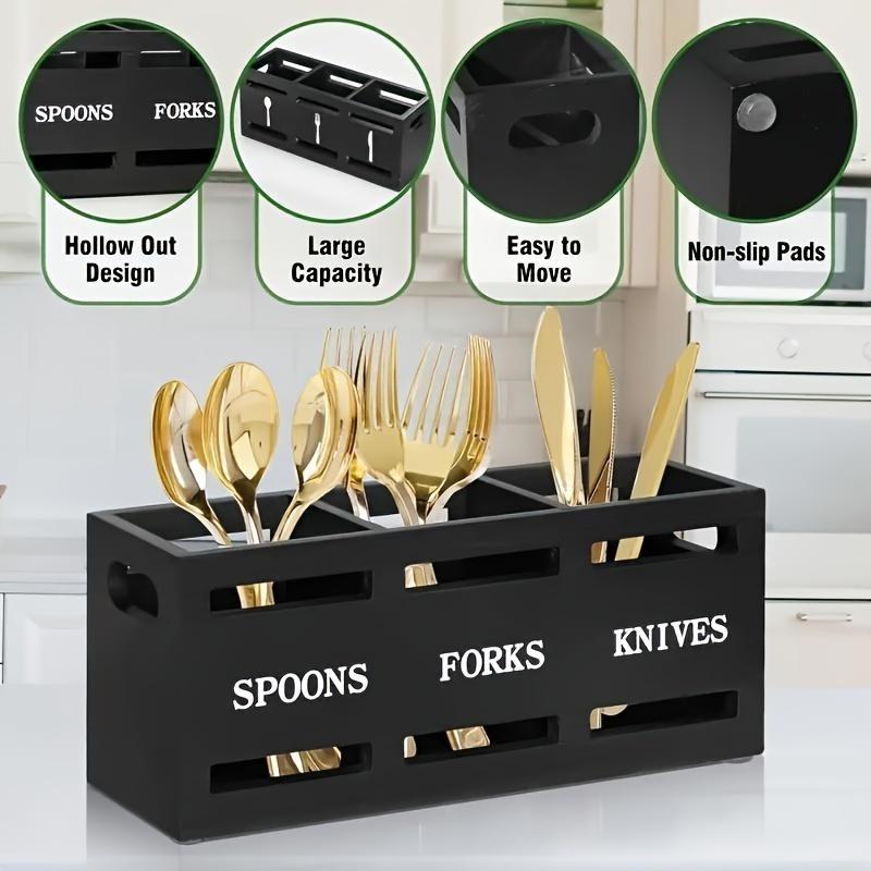 Rustic Wooden Kitchen Utensil Holder with Sturdy Iron Handle - 3-Compartment Organizer for Spoons, Forks, Knives - Perfect for Home & Restaurant Storage Kitchen Knives Knife 4
