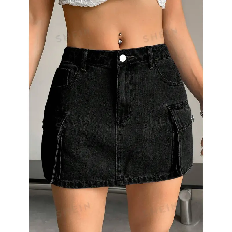 SHEIN EZwear Women's Summer Solid Color Cargo Denim Skirt 4