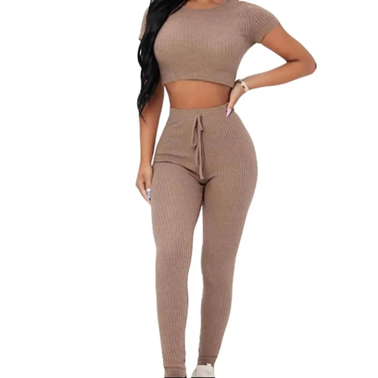 PETITE Waffle Knit Crop Tee & Tie Waist Leggings Set