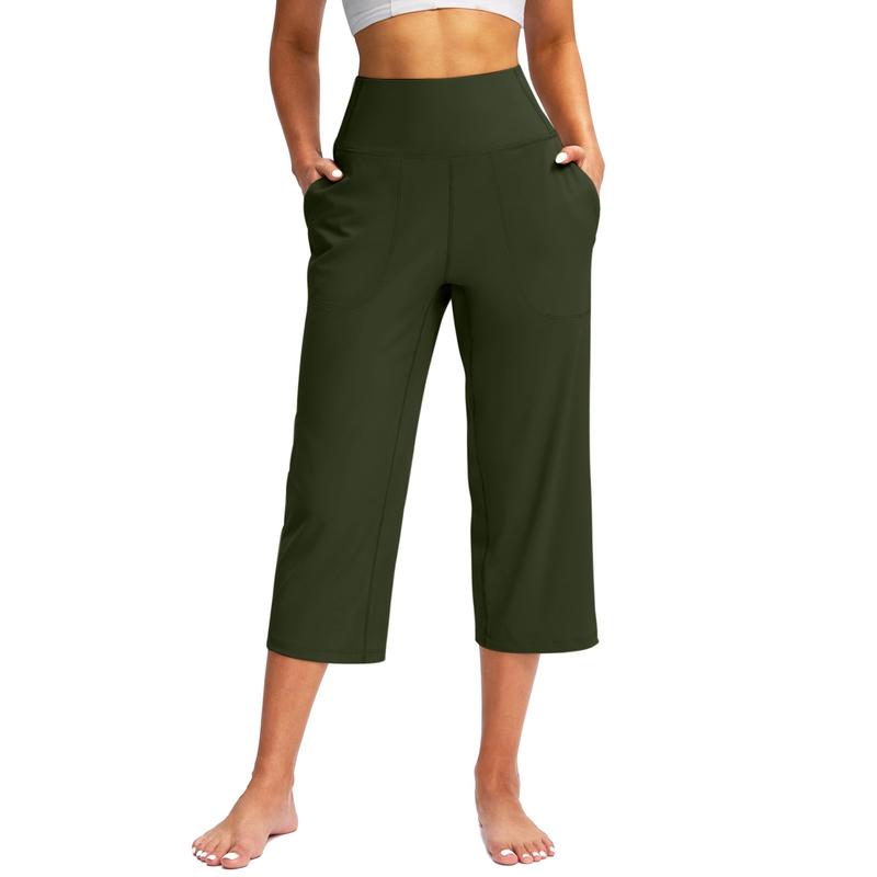Product Introduction of Women  Elastic High Waist 3/4 Pant Casual Active  Fit Wide Capris Leg Pants Trousers With Pockets  Pants Woman брюки женские 63