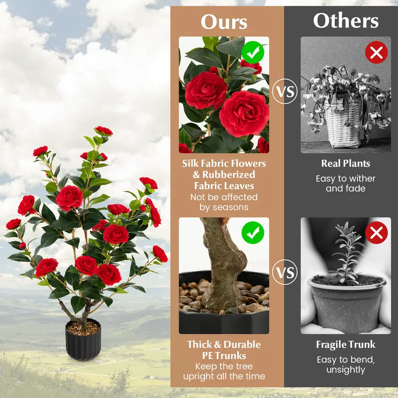 COSTWAY 1/2 Pieces 95cm Artificial Camellia Tree with Flowers and Rain-Flower Pebbles 5
