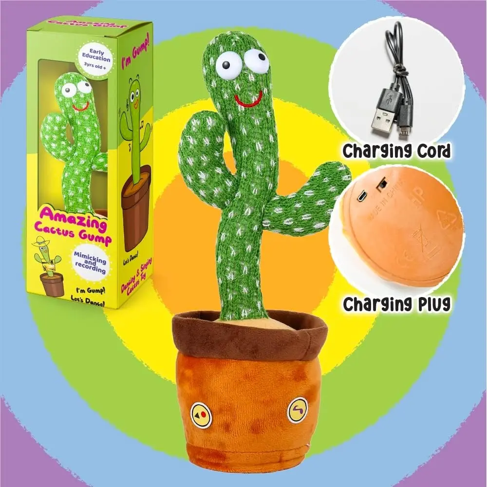 Dancing Cactus, Talk Dancing Talking Cactus Mimicking Toy,Talking Repeat Singing Sunny Cactus Toy 120 Pcs Songs for Baby 15S Record Your Sound Sing+Dancing+Recording+LEDing Cactus Toy for Baby Cactus Toy Mimic with 60 Popular Songs (Rechargeable)
