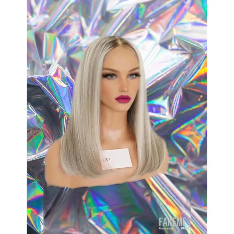 Lidia - Ash Gray Blonde Highlights Straight 100% Human Hair Lace Front Wig 0