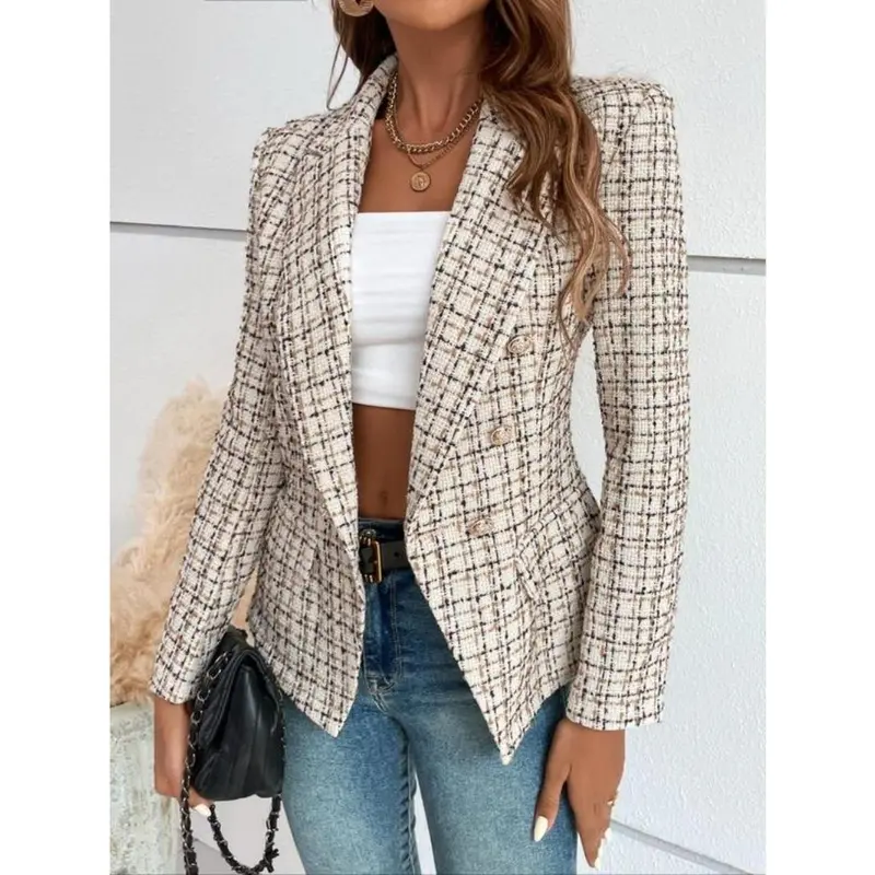 Women's Plaid Print Double Button Lapel Blazer, Casual Long Sleeve Outerwear for Fall & Winter, Ladies Clothes for Work Office Business 2