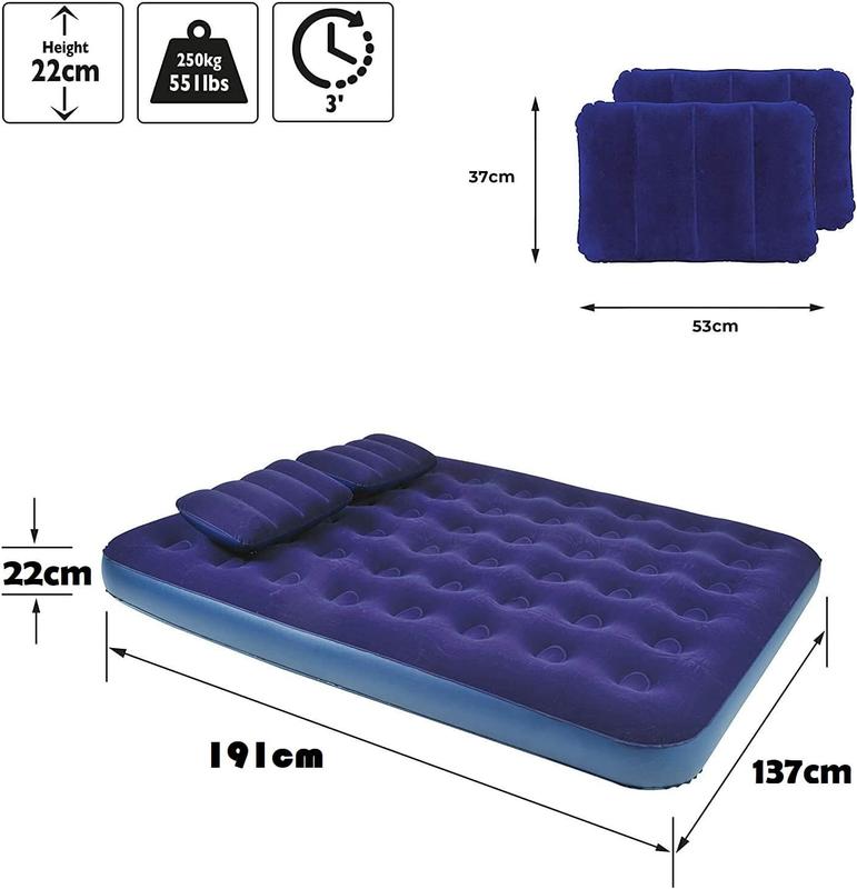 Double Size Flocked Air Bed with 2 Pillows - Ideal for Camping or as a Temporary Guest Airbed - Waterproof Flocked Air Bed 1