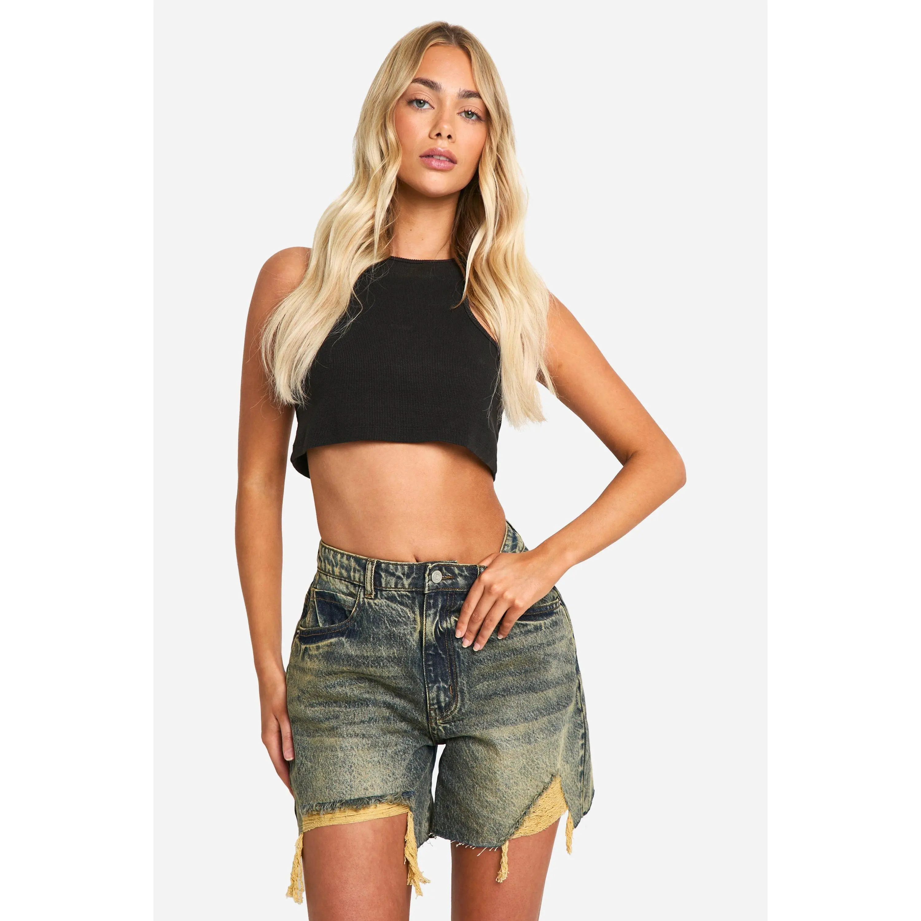 Green Tint Ripped Hem Denim Shorts