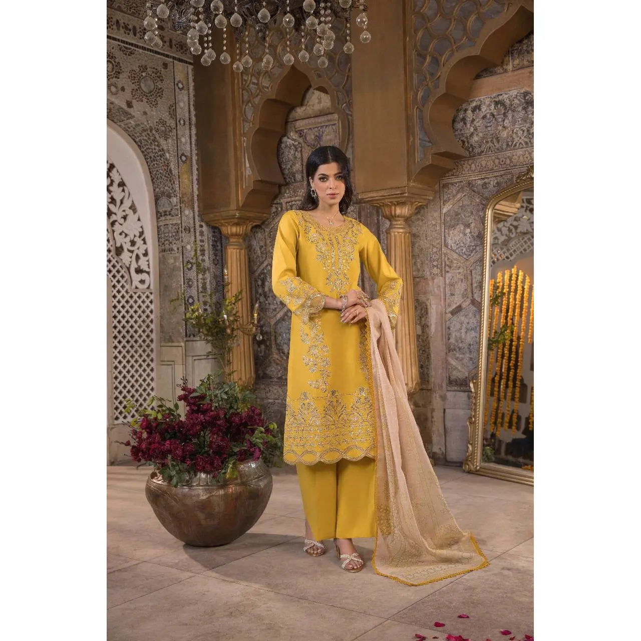 HEERAS | Luxury Embroidered Cambric Cotton Eid Readymade | HSS017 (Mustard)