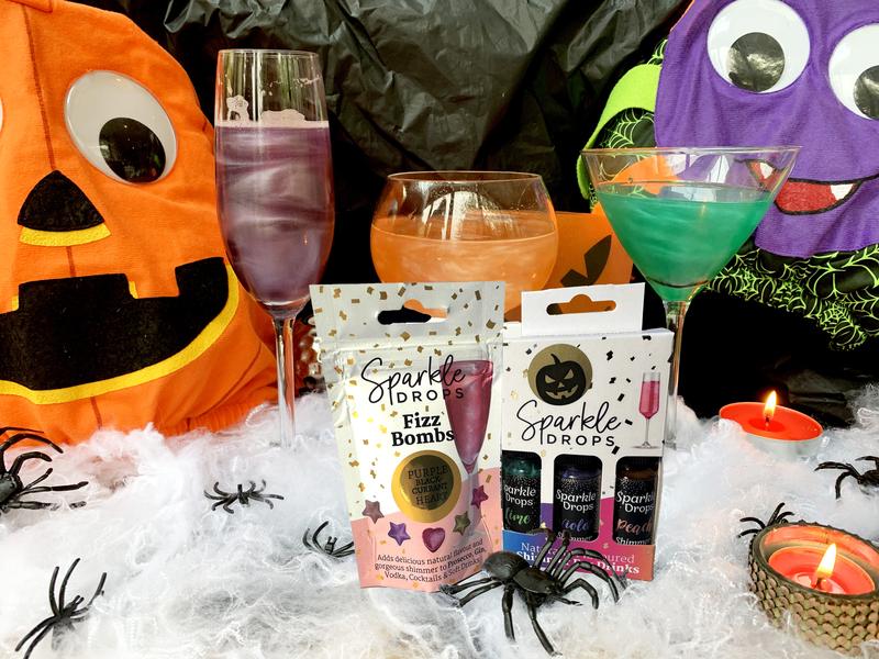Sparkle Drops Halloween Bundle - Peach, Violet & Lime Syrups with Blackcurrant Heart Fizz Bombs for Drinks-Prosecco, Gin, Vodka, Cocktails & Mocktails - 44 Servings. (Dairy Free, Fruity, Low Fat, Natural Flavours) Sweet Beverage edible glitter 1