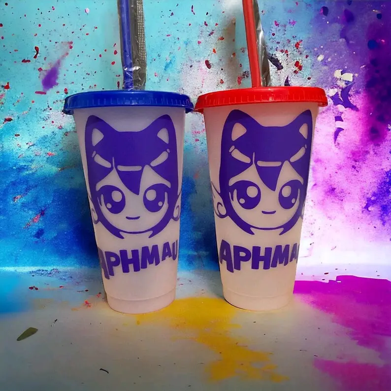 Aphmau personalised colour changing cold cup tumbler with straw and lid meemeow 24 oz Drinkware Portable Reusable