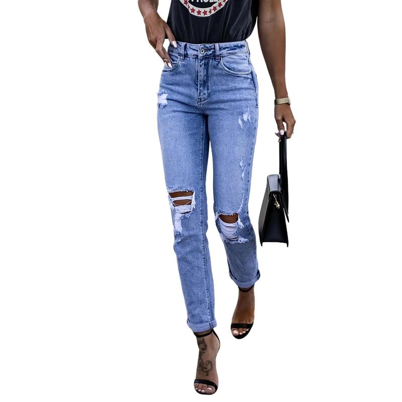 Elastic distressed leggings jeans Elastic ripped women's straight skinny hip-lifting fashion jeans Womenswear Bottom Basic Denim Pants Streetwear Lady Trouser Comfort 0