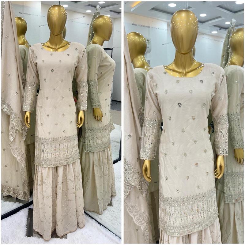 Pre order Off white sharara suit. Indian designer punjabi suit. Beautiful Wear Salwar Suit With Dupatta Readymade Stylish Sharara Set, Diwali Gift for Her 6