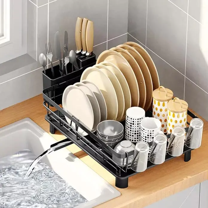 Dish Drainer Kitchen Sink Cutlery Draining Holder Plate Rack with 360°Drip Tray Organiser 5