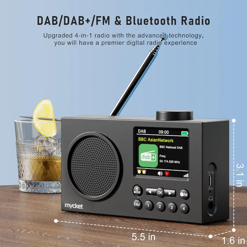 DAB Radio Portable, DAB Plus Digital Radio with Bluetooth, USB Rechargeable FM Radio, Battery Powered Small Radio, Dual Alarms Clock, Sleep Timer, 40 Presets Stations, 2.4" Large Colour Display Audio 3
