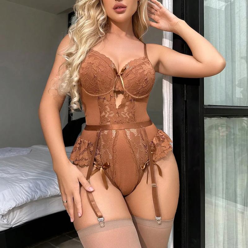 Floral Lace Bow Front Underwire Corset Teddy Bodysuit with Stockings, Lingerie Sexy Thong Womenswear Bra christmas  lingerie Elegant Mesh 7