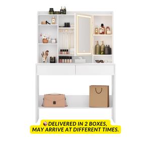 SONGMICS HOME VASAGLE Dressing Table with LED Lights, 3 Light Colours, Adjustable Brightness, Vanity with Mirror, Spacious, Adjustable Shelves, 2 Storage Drawers, Makeup Desk, Jewellery, Perfume Organiser, Living Room, Birthday Gift