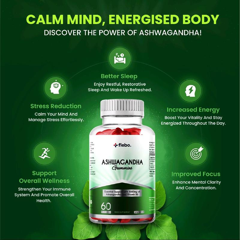 Flebo Vegan Ashwagandha Gummies | 60 Two-a-Day Gummies | Natural Stress and Anxiety Relief | High Strength Ashwagandha with Vitamin B6 | Apple Flavour Healthcare Fitness Dietary 3