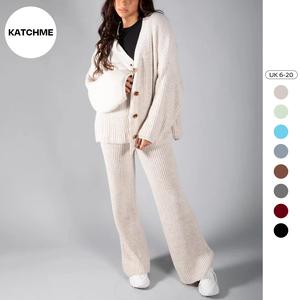 KatchMe Knit V Neck Minimalist Cardigan & Wide Leg Trousers Co-ord (One Size: 6-20UK),Lady's Button Knitwear Set for Fall & Winter, Comfort Womenswear